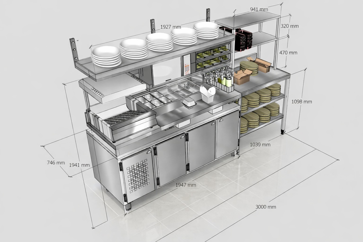 Projeto NOX em CAD 3D de cozinha industrial em perspectiva, com cotas em milímetros