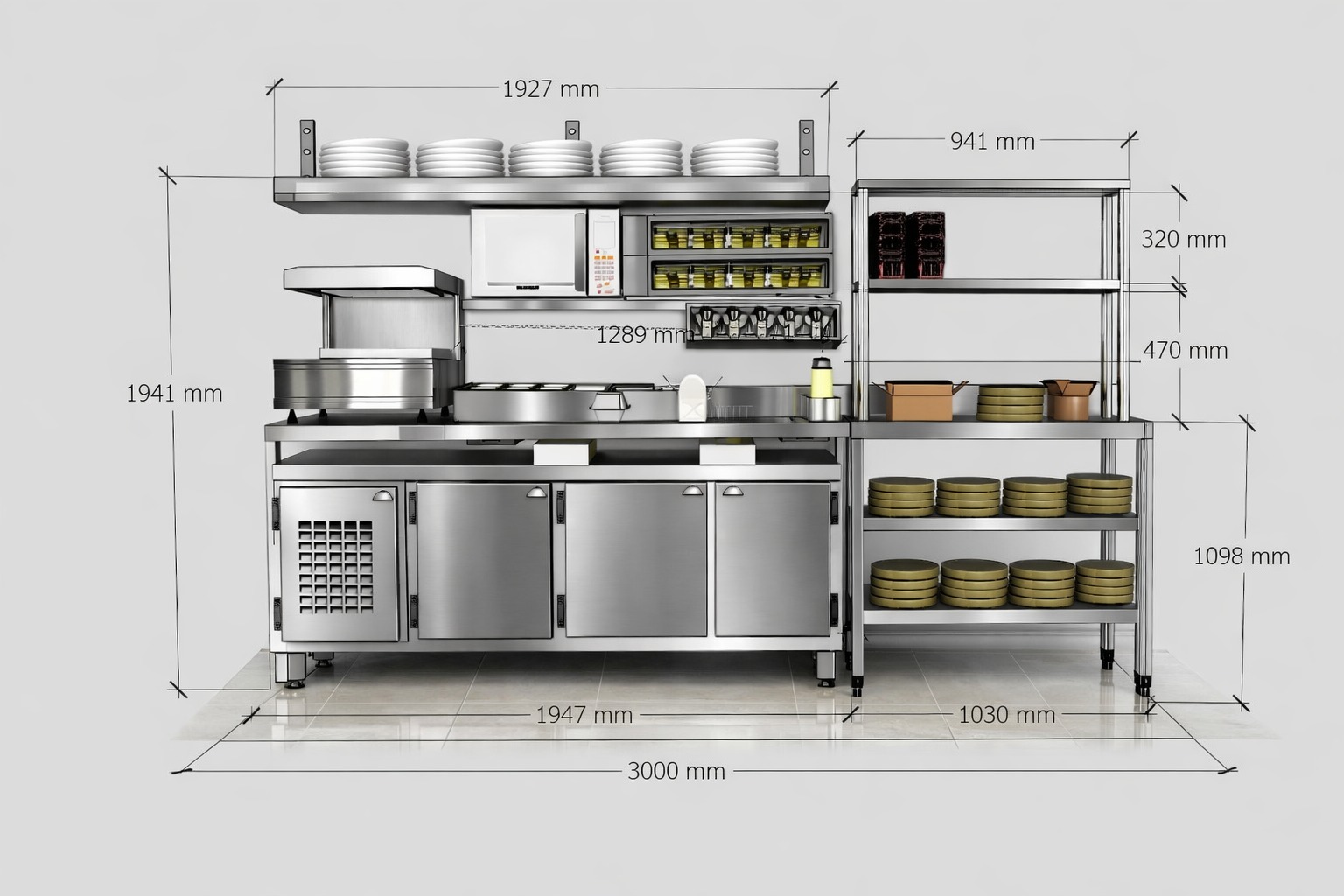 Projeto NOX em CAD 3D de cozinha industrial em vista de elevação, com cotas em milímetros